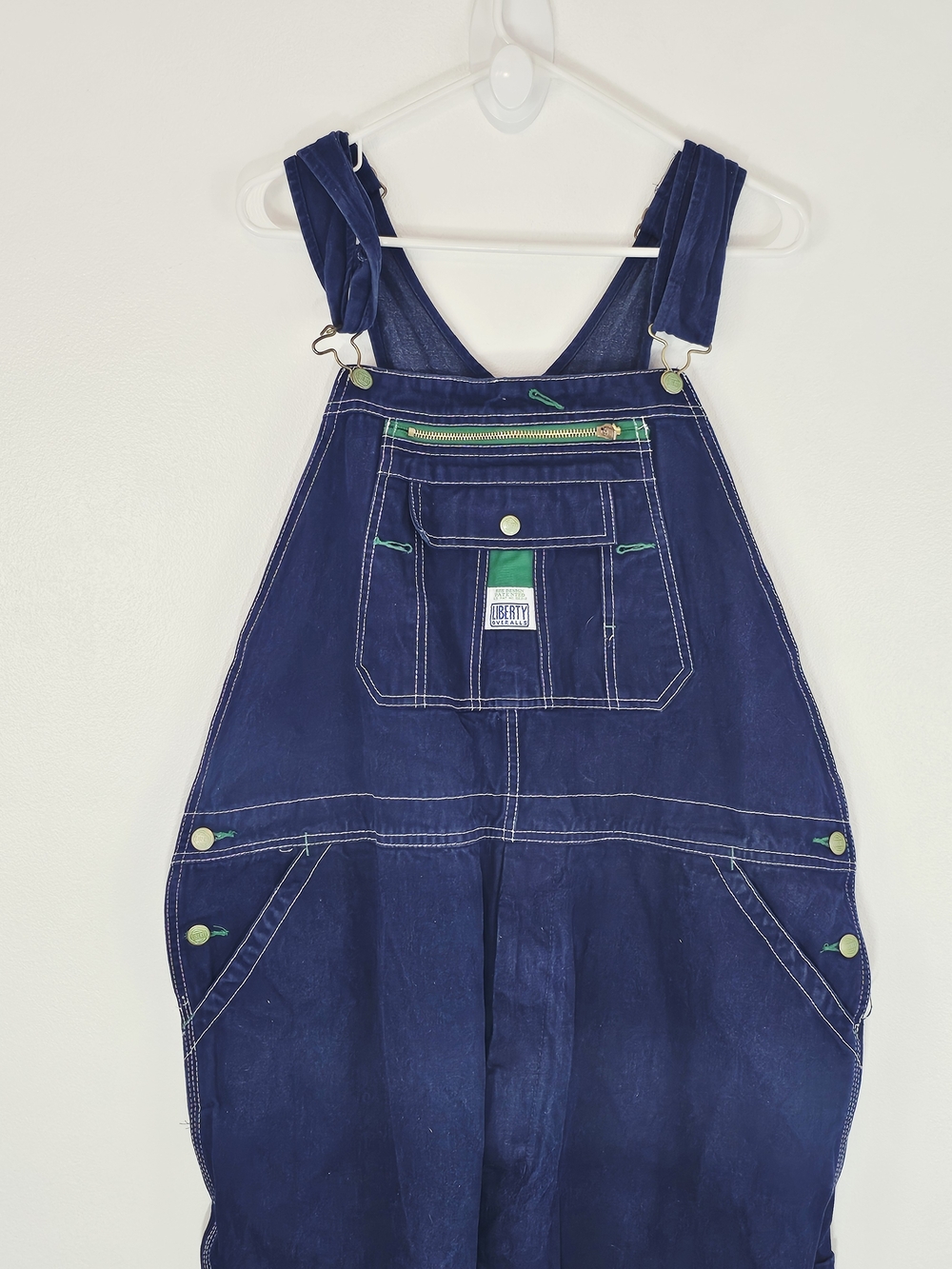 Liberty Navy Denim Bib Overalls with Green Accents Mens Adjustable